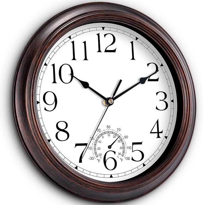 KECYET 10 Inch Outdoor Wall Clock with Thermometers, Vintage Silent Wall Clocks Battery Operated, Retro Non-Ticking Clock Decorative for Living Room, Patio, Kitchen, Office, Bathroom, Bedroom(Bronze)