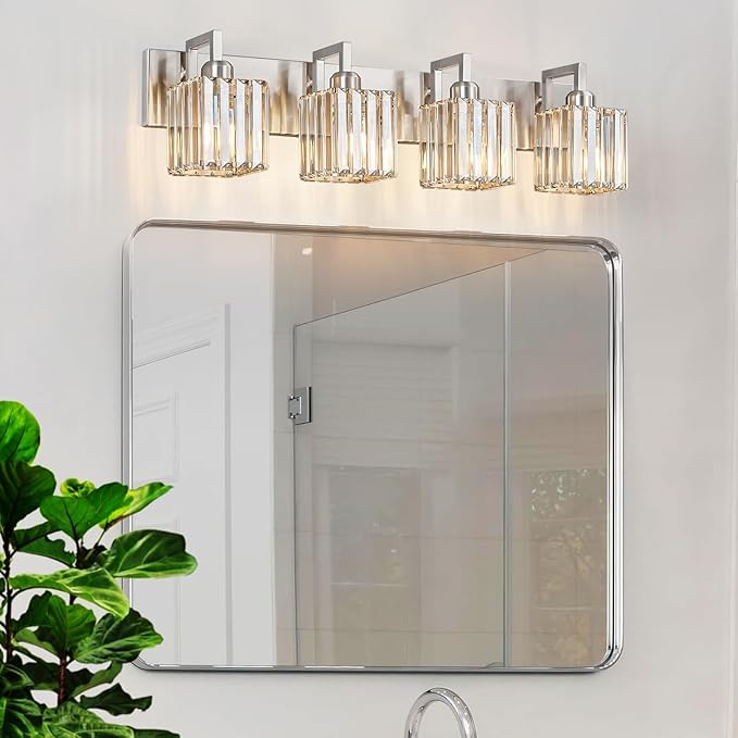 FDPBY Modern Bathroom Vanity Light 4-Lights Brushed Nickel Vanity Light Crystal Wall Light Bathroom Light Fixtures