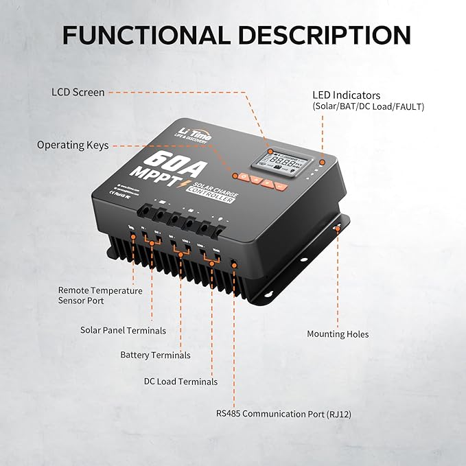 LiTime MPPT Solar Charge Controller (Bluetooth) - Solar Panel Regulator -150V, 60Amp, 12/24/36/48Volt for LiFePO4 and Lead-Acid Battery in Solar System