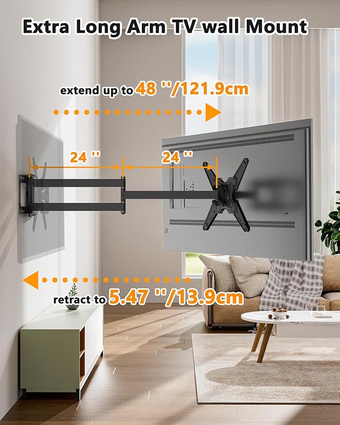 48'' Extension Extra Long Arm TV Wall Mount with Power Outlet, Rotating TV Wall Mount 180° Full Motion Heavy Duty for 26''-65'' Screens, VESA 400x400mm, Load 110 lbs, 16''Wood Stud/Concrete/Brick Wall