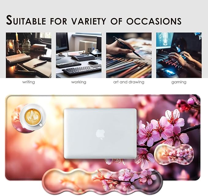 BFUKVOU Large Keyboard Mouse Pad Set, Extended Mouse Pad+Keyboard Wrist Rest Support, Memory Foam Ergonomic Easy Typing, 4Pcs (31.5×11.8 in) Desk Pad Set for Office Home,Cherry Blossom Floral