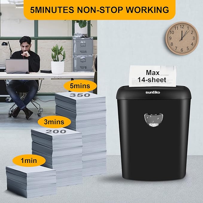 Suntiko 14 Sheet Cross Cut Paper Shredder for Home Office Use with P-4 High Security and 6.6 Gallon Bin for Credit Cards CDs or Staples ETL Certified Black