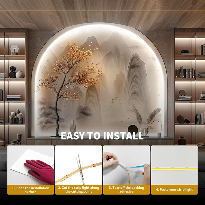 BUNACET COB LED Strip Light 20ft/6m Cool White 6500K High Lumen CRI 90+ with UL Listed Power Adapter RF Remote for Bedroom Counter Under Cabinet Kitchen Projects