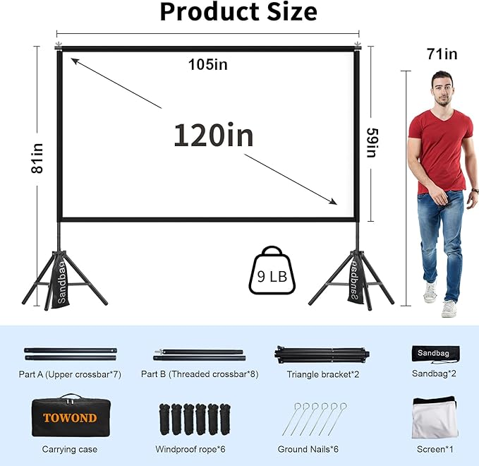 TOWOND Projector Screen with Stand,120 inches Indoor Projector Screen Outdoor Portable 16:9 4K HD Rear Front Projection Movie Screen with Carry Bag Wrinkle-Free Design for Backyard Theater