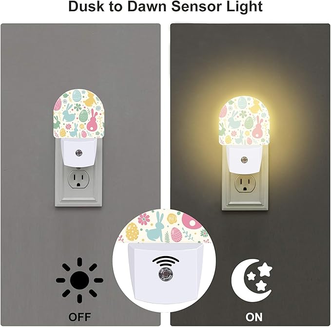 Easter Bunnies and Eggs Night Light, Colorful Rabbits and Flowers Dusk to Dawn Night Light Plug in,0.5w Energy Saving Sleep Friendly NightLight for Kids Boys Girls Home Decor