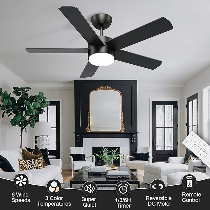 POCHFAN 42 inch Black Ceiling Fans with Lights and Remote Control, LED Ceiling Fan Dimmable 3 CCT 6-Speed, Noiseless Modern Ceiling Fan for Bedroom, Living Room, Dining Room, ETL Listed
