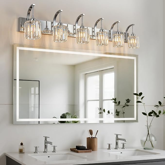 FDPBY 6-Light Crystal Vanity Light, Chrome Modern Wall Sconce with K9 Crystal Shades, 51.18" Long Over Mirror Lighting for Bathroom, Makeup, Hallway, Elegant & Easy Install