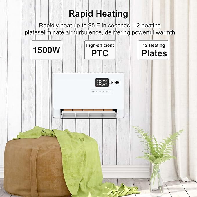 Wall-Mounted Space Heater with ECO Thermostat and Remote Control, LED Display, 60°/90°/120° Oscillation Modes, 24-Hour Timer, Indoor Electric Space Heater