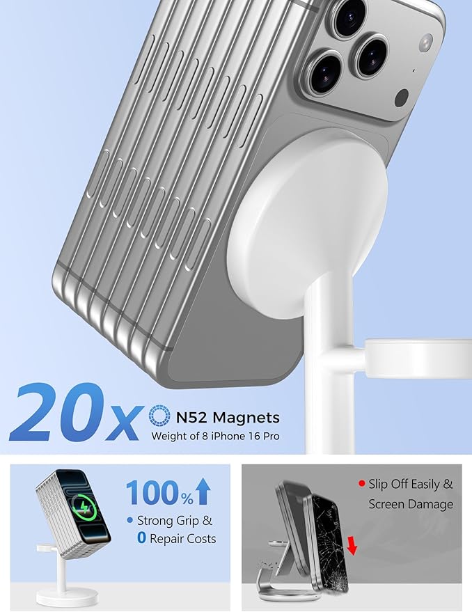 Aeinidi 2026 3 in 1 Wireless Charging Station Compatible with MagSafe, 15W Fast Magnetic Mag-Safe Charger Stand for Apple iPhone 17 16 15 14 13 12 Series iWatch AirPods Pro 4 3 2, White