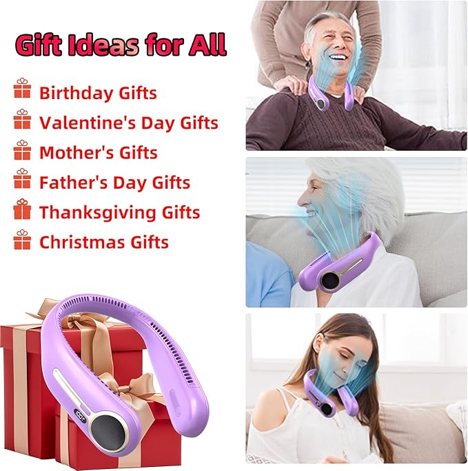 Portable Neck Fan,Hands Free Personal Wearable Bladeless Fan,6000mAh USB Rechargeable,360° Cooling,LED Display,4-Speeds,Birthday Gifts for Men Women Dad Mom,Valentines Day Gifts for Her Him (Purple)