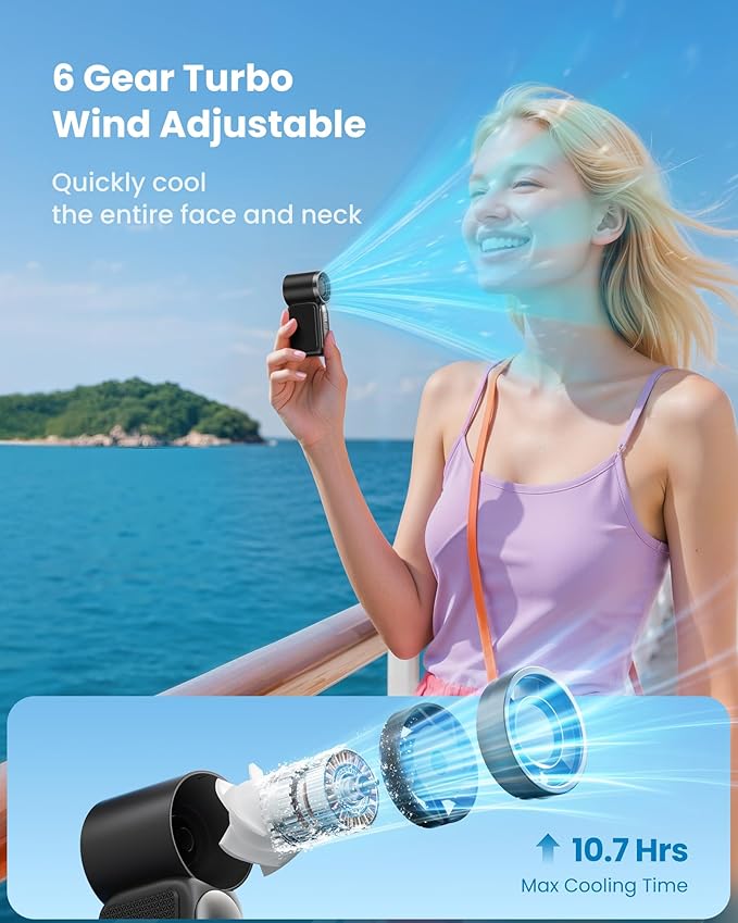 Gaiatop Portable Handheld Mini Fan, 6 Speeds 16900 RPM High Velocity Personal Fan with LED Display, USB Rechargeable, Mini Fan with Lanyard for Makeup, Travel, Outdoor, Gift for Women Girl, Black