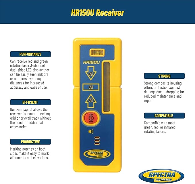 Spectra Precision HR150U Laser Receiver with Sturdy C61 Rod Clamp, Dual-Side LEDs, Magnetic Mount, 50 mm Capture Height & IP55 Protection