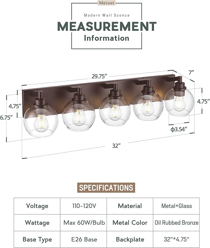 METWET Bathroom Light Fixtures Over Mirror, 5-Light Oil Rubbed Bronze Bathroom Vanity Light with Globe Clear Glass Shade, 32 Inch Modern Sconces Wall Lighting, VL195-ORB-5
