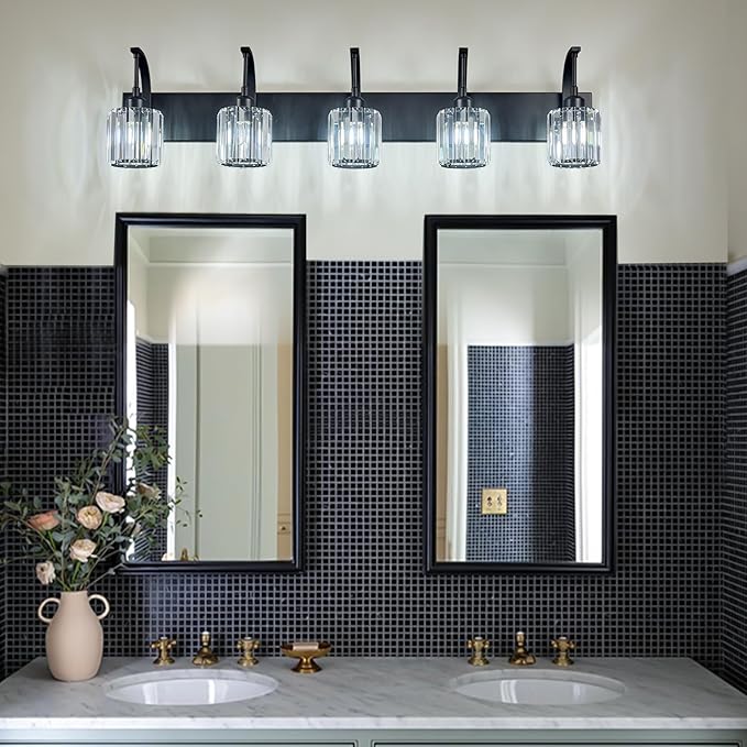 FDPBY 5-Light Crystal Vanity Light, Modern Black Bathroom Wall Sconce with K9 Crystal Shades, 42.51" Long Over Mirror Lighting for Vanity, Makeup, Hallway, Elegant & Easy Installation