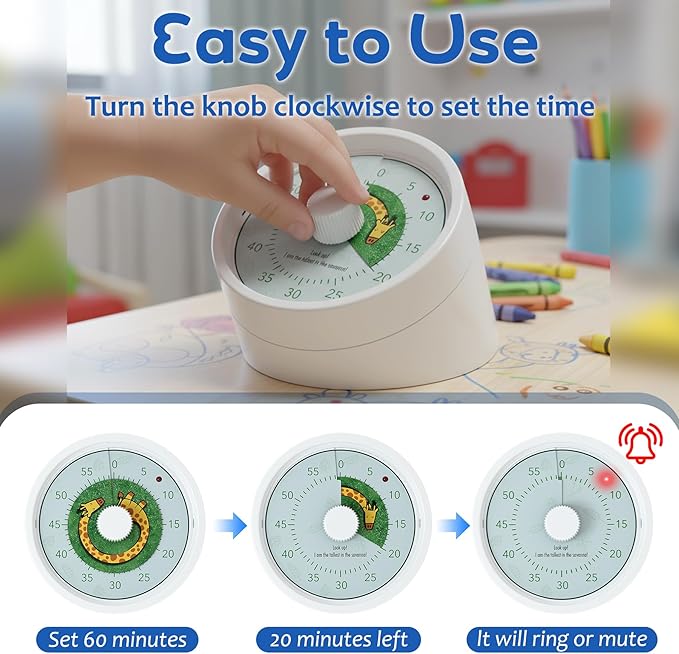 BellMan Visual Timer, 60 Minute Countdown Timer for Kids and Adults with Silent Operation, Study and Meetings Time Management Tool, Timer for Kitchen Office Classroom, Gift with Giraffe (White Green)