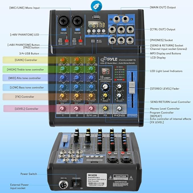 Pyle Professional Audio Mixer Sound Board Console System- Interface 4 Channel Digital USB Bluetooth MP3 Computer Input 48V Phantom Power Stereo DJ Studio Streaming FX 16-Bit DSP Processor- PMXU43BT.5