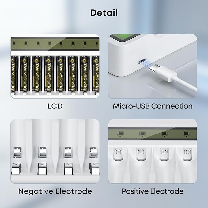 Rechargeable Battery Charger, 8 Bay AA AAA Smart Charger with LCD Display, Independent Slots for Ni-MH Ni-CD Batteries