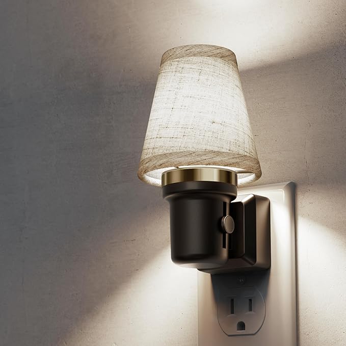 L LOHAS LED Night Lights Plug into Wall, Linen Fabric Round Platform Decor Night Light, Dusk to Dawn Sensor Vintage Nightlight, 5000K Daylight 0-100LM Dimmable, for Bedroom Living Room Hallway
