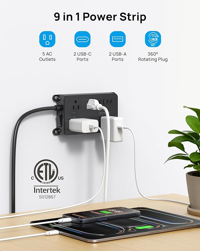 TROND Surge Protector Power Strip with 360° Rotating Plug, 10ft Extension Cord, ETL Listed, 5 Widely-Spaced Outlets with 4 USB Ports, 1300J Surge Protector, Wall Mountable, for Home Office, Black