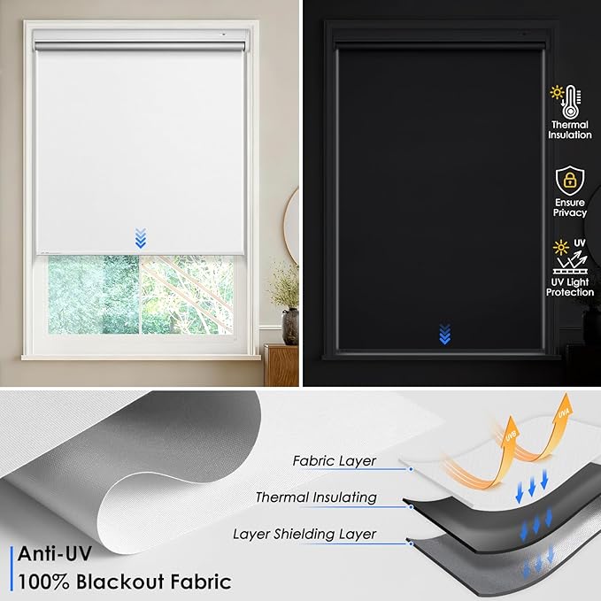 Motorized Roller Blinds with Remote Control & Solar Panel - 100% Blackout Smart Blinds, Automatic, Cordless, Electric Shades - Compatible with Alexa - White, 46" W x 72" H