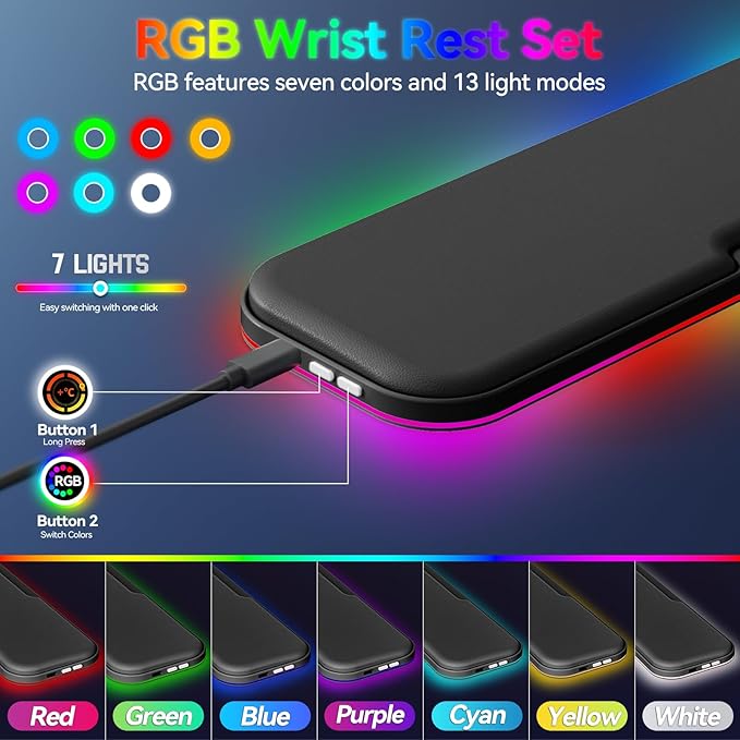 KONDOUND 2-in-1 Heated Wrist Rest Set, Ergonomic Memory Wrist Pad with RGB Lights and Non-Slip Base, Keyboard Mouse Wrist Rest for Computer Laptop Office Work and PC Gaming