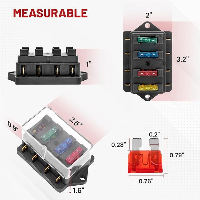 RED WOLF 4 Way Blade Fuse Block Box Holder w/Standard Circuit 10V-32V DC for Automotive Truck Boat Marine RV Van Vehicle Power Distribution Panel Damp-Proof Cover
