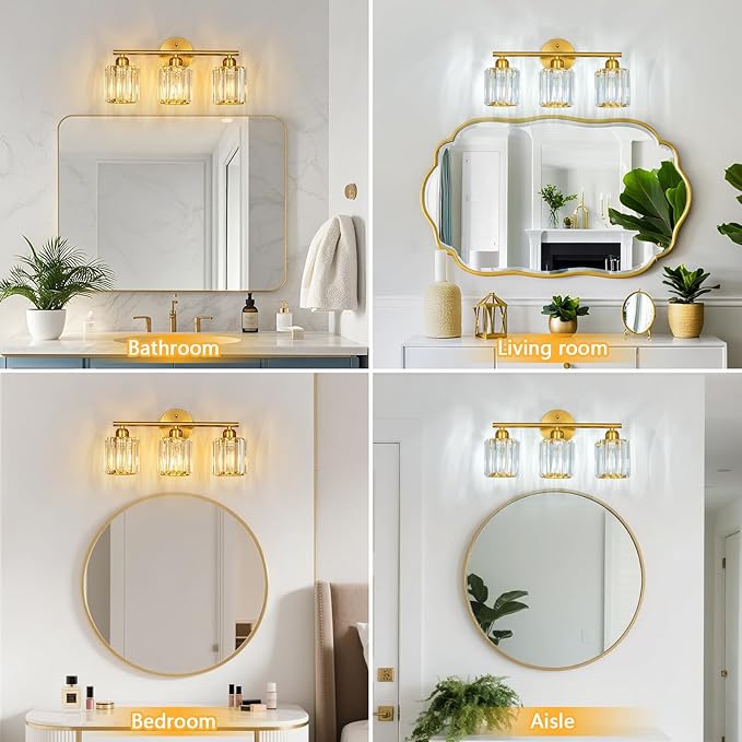 FDPBY Modern 3 Light Crystal Vanity Light, Brushed Gold Vertical Bathroom Light Fixture Over Mirror for Dressing Table Sink, Compatible with Dimmable Bulbs (Bulbs Not Included)