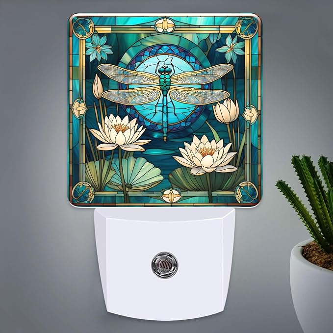 PODMemory Dragonfly & Flowers Stained Glass Night Lights Plug into Wall for Room, Dragonfly & Flowers Night Light LED for Bedroom