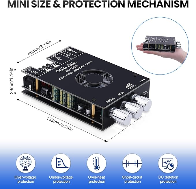 Audio Amplifier Board, ZK-1602T Bluetooth 5.0 Power Amp for Home Speakers 2.0 Channel 160W+160W Stereo Mini Amplifier Module TDA7498E Chip W/TB, USB, AUX, DC 15-36V