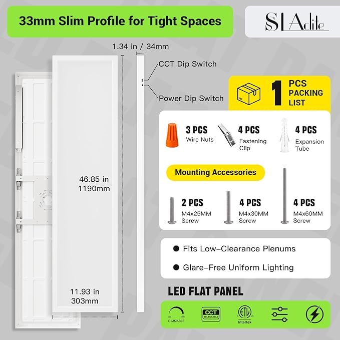1x4 LED Flat Panel Light,Surface Mount Ceiling Light,5CCT 3000K/3800K/4500K/5200K/6000K Dimmable, 24W/30W/40W 5200LM Smooth Triac Dimming(10-100%), LED Light Fixture for Office Kitchen Garage,White