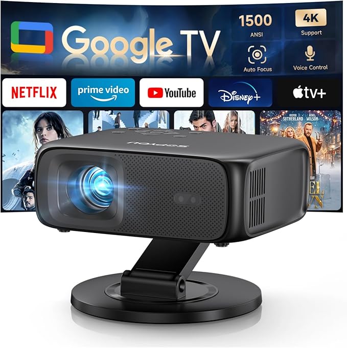 [1500ANSI/ Google TV] Smart Projector with WiFi and Bluetooth, SOPYOU Portable Outdoor Projector 4K Support, Auto Focus & Keystone, Built-in Apps, Indoor Home Theater with 360° Rotatable Stand