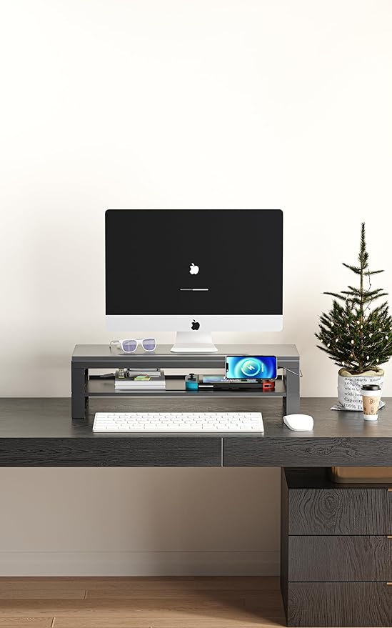 GECKOSTROLL 2-Tier Metal Computer Monitor Stand & Laptop Desk Shelf, 21.6 Inches, 22W Charging, 2 USB 3.0, 1 USB 2.0, Heavy Duty, Black, Metal