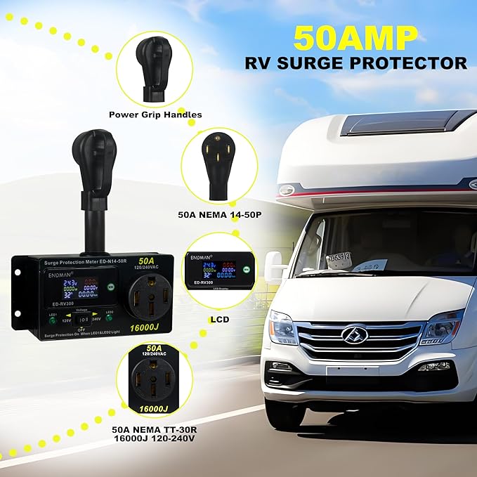 50 Amp RV Surge Protector with kWh Energy Monitor - 16,000 Joules Lightning Protection - Digital Power Meter Display (Volts, Amps, Watts, Temp) for Motorhome (NEMA 14-50P)