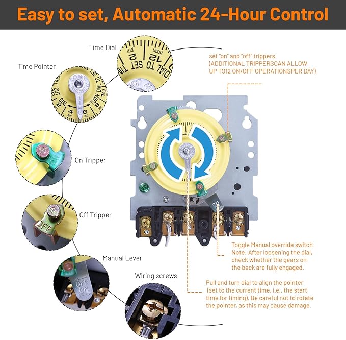 T104M Mechanical Timer Switch Mechanism Only, Heavy-Duty Timer Switch for Pool Pumps, 120V 40A DPST, 24-Hour 12 ON/Off Cycles - for Lights, Water Heaters, Fans, HVAC Systems