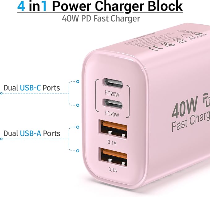 TT&C USB C Block 40W, 4 Ports Wall Plug Fast Charging Block, PD+QC Multiport Power Adapter USB C Charger Type C for iPhone 17, 17 Air, 17 Pro, 17 Pro Max, 16,15,14,13,12, Galaxy Phones (Pink 1Pack)
