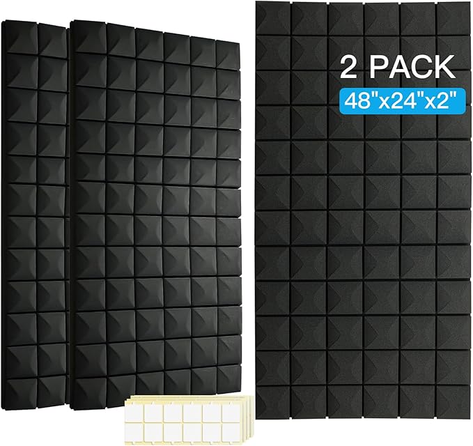 2 PCS Acoustic Panels,48''X24''X2'' Sound Proof Foam Panels for Walls,High Density Fire Resistant & Noise Absorbing for Studio, Office, Home (Black, 2 Pack)