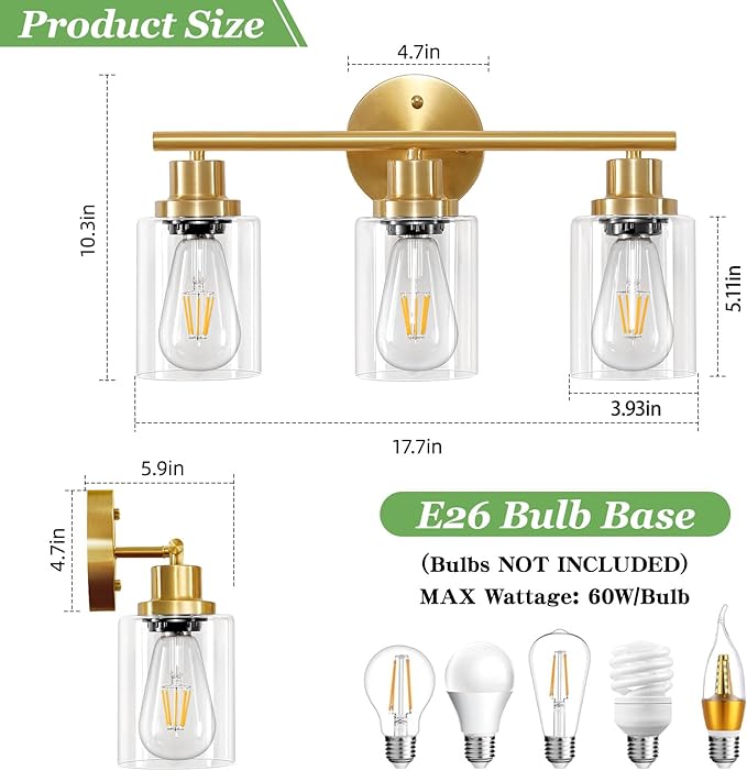 Guliaofo 3-Light Brushed Gold Vanity Lights, E26 Modern Bathroom Light Fixtures with Clear Glass Shade, Wall Lamps for Mirror Kitchen Hallway Cabinet Living Room Sconces Lights