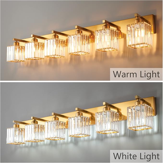 FDPBY Modern 6-Light Gold Brushed Brass Finish Crystal Wall Light for Bathroom Vanity