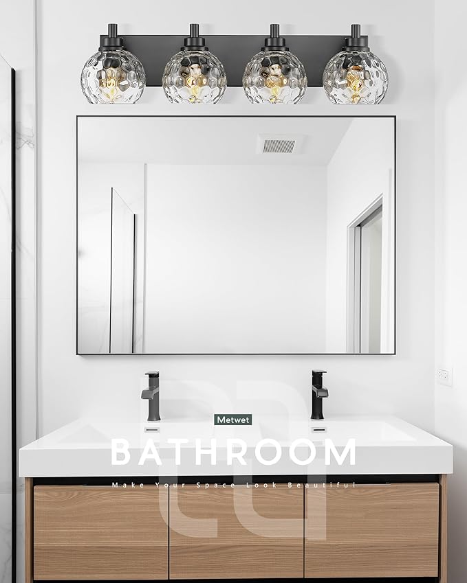 METWET Bathroom Light Fixtures Over Mirror, 26" Matte Black Vanity Light with Clear Hammered Glass Globe Shade, 4-Light Modern Sconces Wall Lighting for Bedroom Hallway, VL200-MB-CL-4