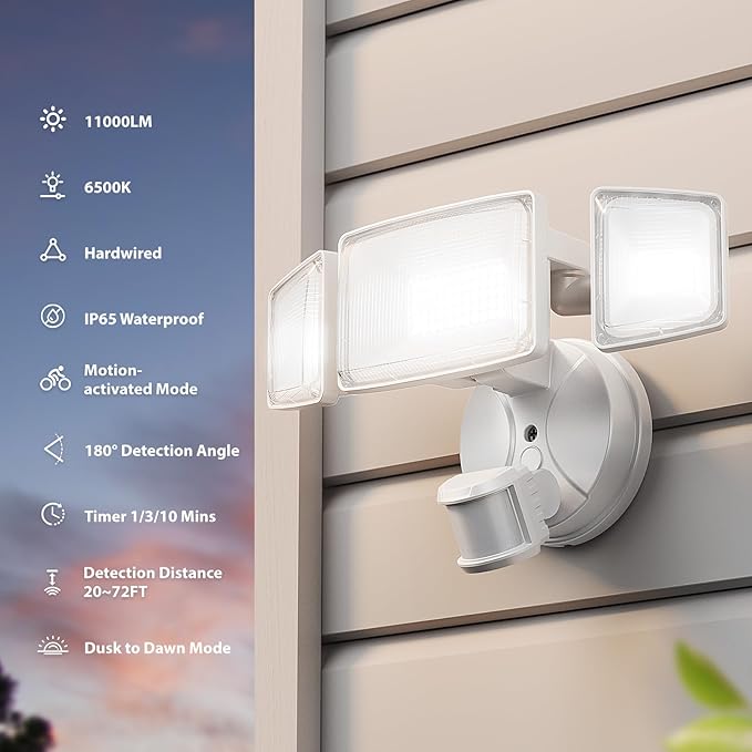 Onforu 2 Pack 100W 11000LM LED Motion Sensor Outdoor Lights, Dusk to Dawn Flood Lights Outdoor Motion Sensor, Hardwired Security Lights Floodlights Outside 6500K Daylight IP65 Waterproof (White)