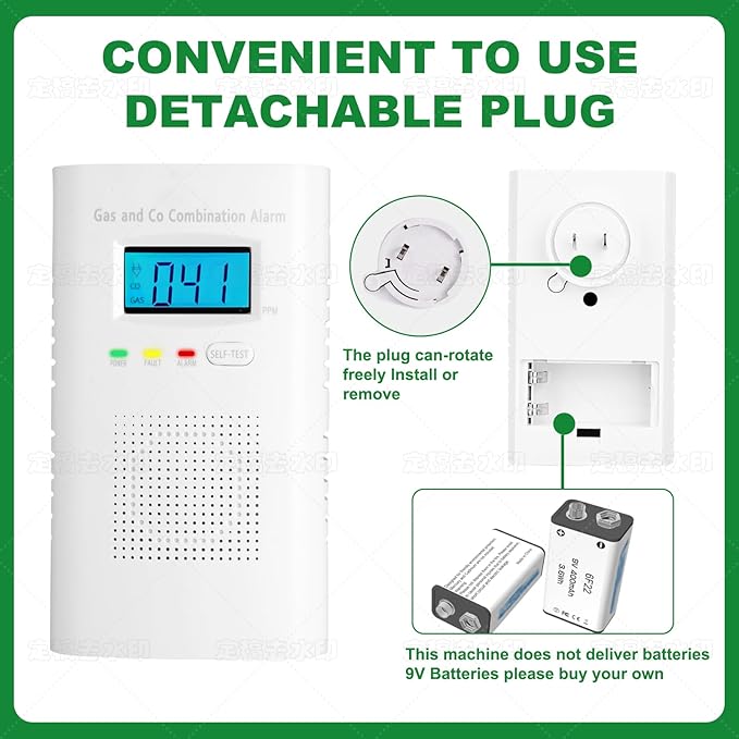 Combination Gas and Carbon Monoxide Detector Plug-in | CO Alarm & Natural Gas Combustible Detector | Digital Display, Battery Backup, Easy Install | for Home Kitchen Safety Monitoring 1-Pack