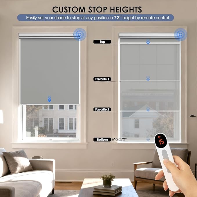 Motorized Roller Blinds with Remote Control & Solar Panel - 100% Blackout Smart Blinds, Automatic, Cordless, Electric Shades - Compatible with Alexa - Grey, 29" W x 72" H