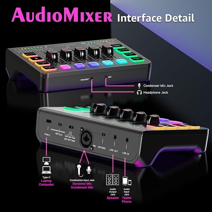 IXTECH Gaming Audio Mixer 4 Channel Soundboard, Streaming RGB PC Audio Interface with XLR Microphone Support, Audio Equalizer for Gaming Podcast Streaming Karaoke, Individual Volume Controls (Black)