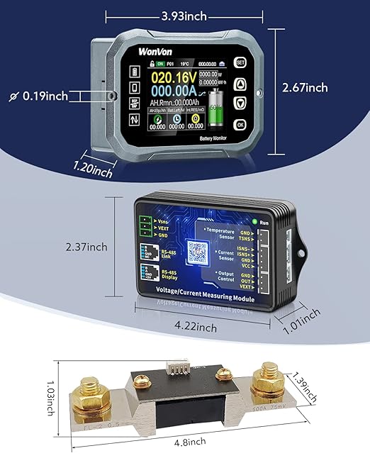 WonVon Battery Monitor with Shunt 400A 0V-120V Battery Monitor for RV Motorcycle Golf Cart Solar Panel with Screen,Capacity Percentage Time Power Voltmeter Display,Support High/Low Voltage