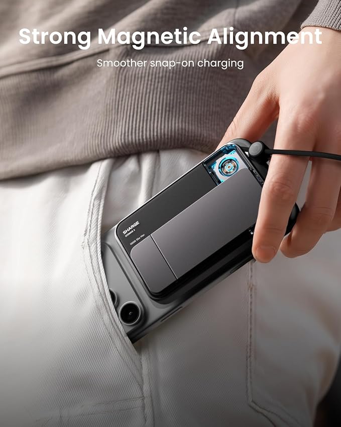 sharge ICEMAG 3 MagSafe Portable Charger, Qi2 25W Magnetic Power Bank 10000mAh with 35W Built-in Cable, Active Cooling& Foldable Stand, Transparent Design for iPhone 17/16 Series-White