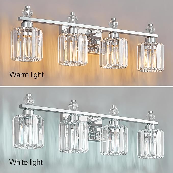 FDPBY Bathroom Vanity Lights 4-Light Chrome Modern Crystal Vanity Light Fixtures Over Mirror Crystal Bathroom Vanity Lighting Fixtures