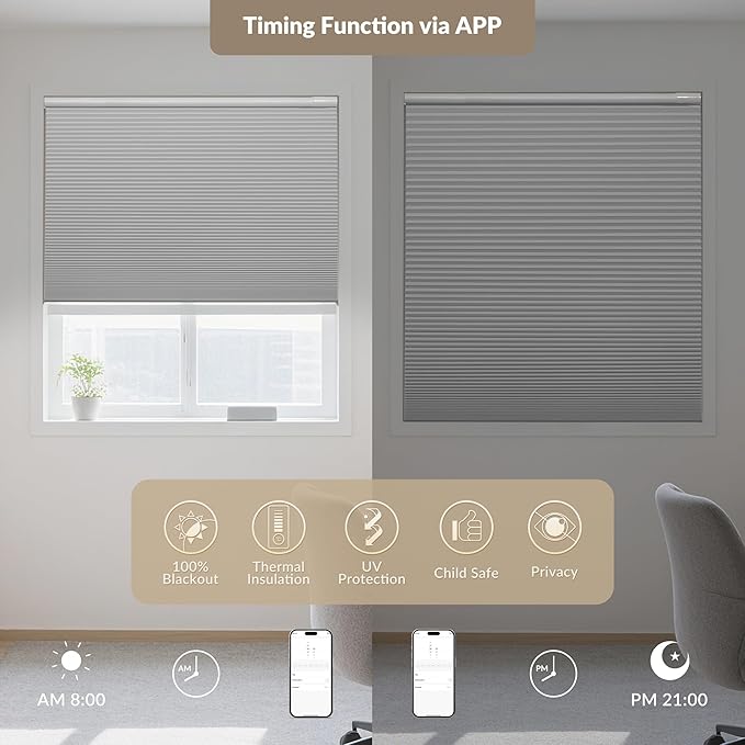 Boolegon No Drill Motorized Cellular Blinds with Remote Motorized Blackout Honeycomb Blinds for Indoor Windows Easy to Install Automatic Cellular Shades for Home,Blackout White,Custom Size
