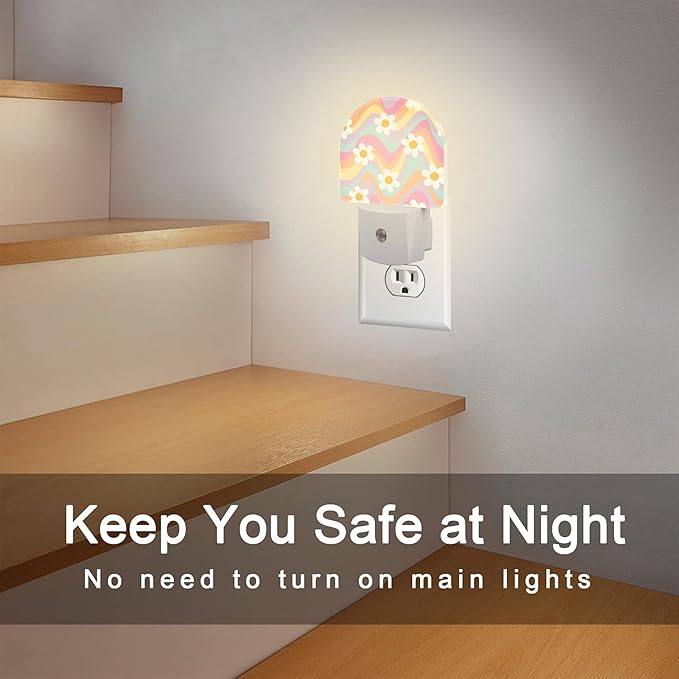 sndheke Groovy Hippie Daisies Flowers Night Light for Kids,Retro Rainbow Wavy Floral Night Light Plug in with Dusk to Dawn Sensor,0.5w Energy Saving Nightlight for Hallway Stairway Kitchen Bedroom