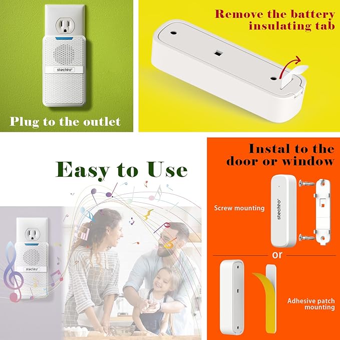 Door Chime,Wireless 600Ft Range 5 Adjustable Volume 1 Magnetic Door Open Contact Sensor with 62 Chimes Mute Mode Door Bell Plugin Receiver for Home/Office/Store White (Receiver+Sensor)