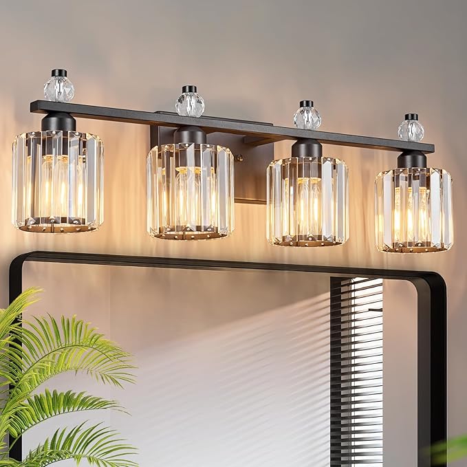 FDPBY Bathroom Vanity Lights 4-Light Sand Black Modern Crystal Vanity Light Fixtures Over Mirror Crystal Bathroom Vanity Lighting Fixtures